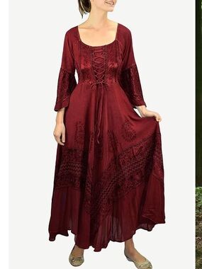 Agan Traders Royal Victorian Burgundy Embroidered Flare Hem Corset Dress Gown